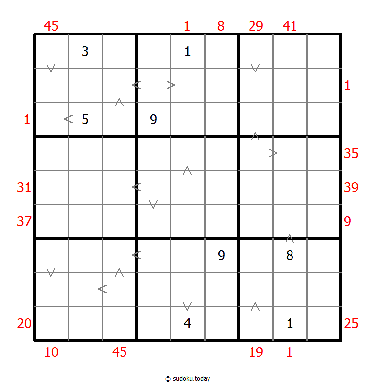 Hybrid Sudoku ( X Sums + Greater Than ) 2025年11月07日
