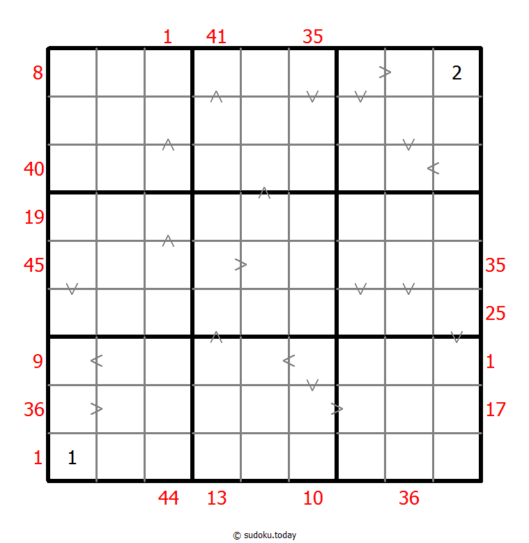 Hybrid Sudoku ( X Sums + Greater Than ) 2025年12月13日