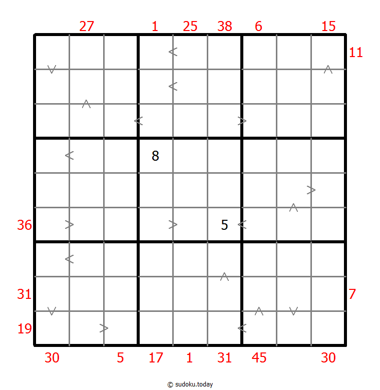 Hybrid Sudoku ( X Sums + Greater Than ) 2025年10月28日