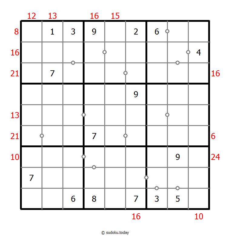 混合数独（非全標記 連続+フレームと） パズル例